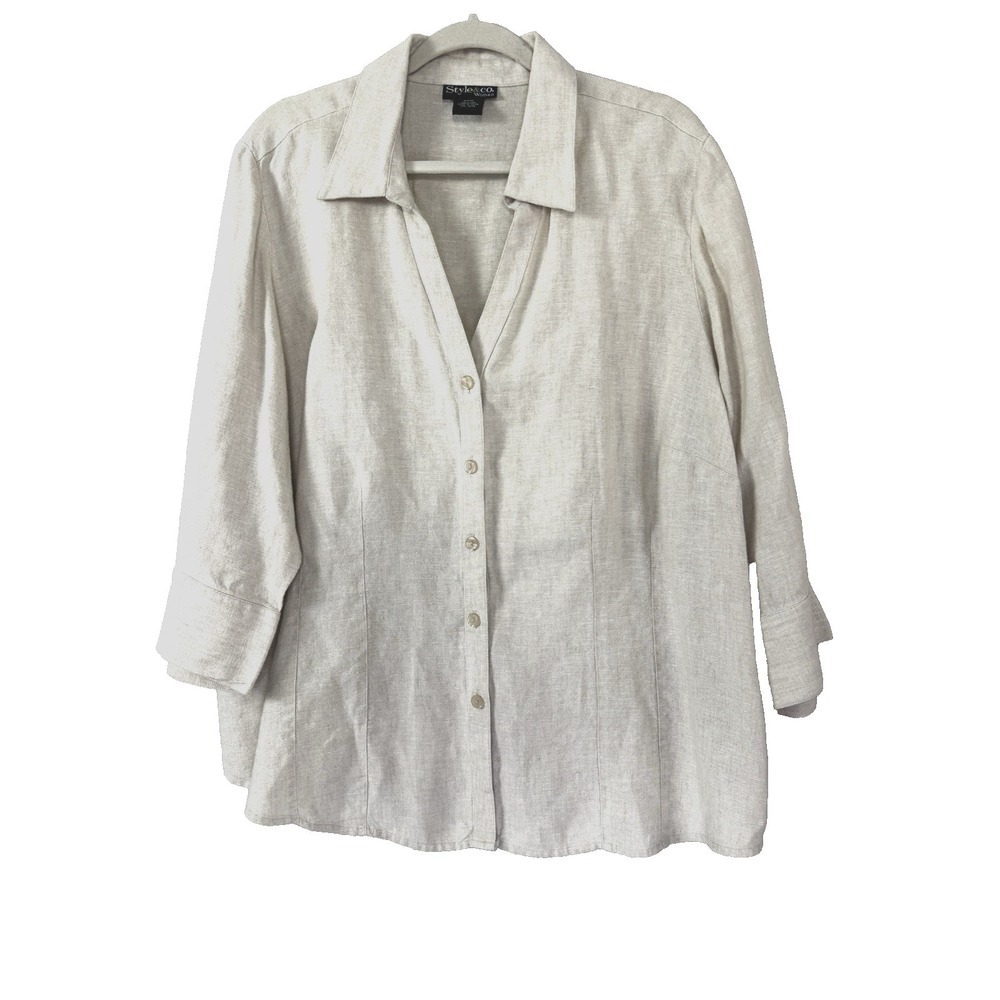 Style & Co Womens 20 W Linen Top 3/4 Sleeve Button Down Split Cuff Breathable